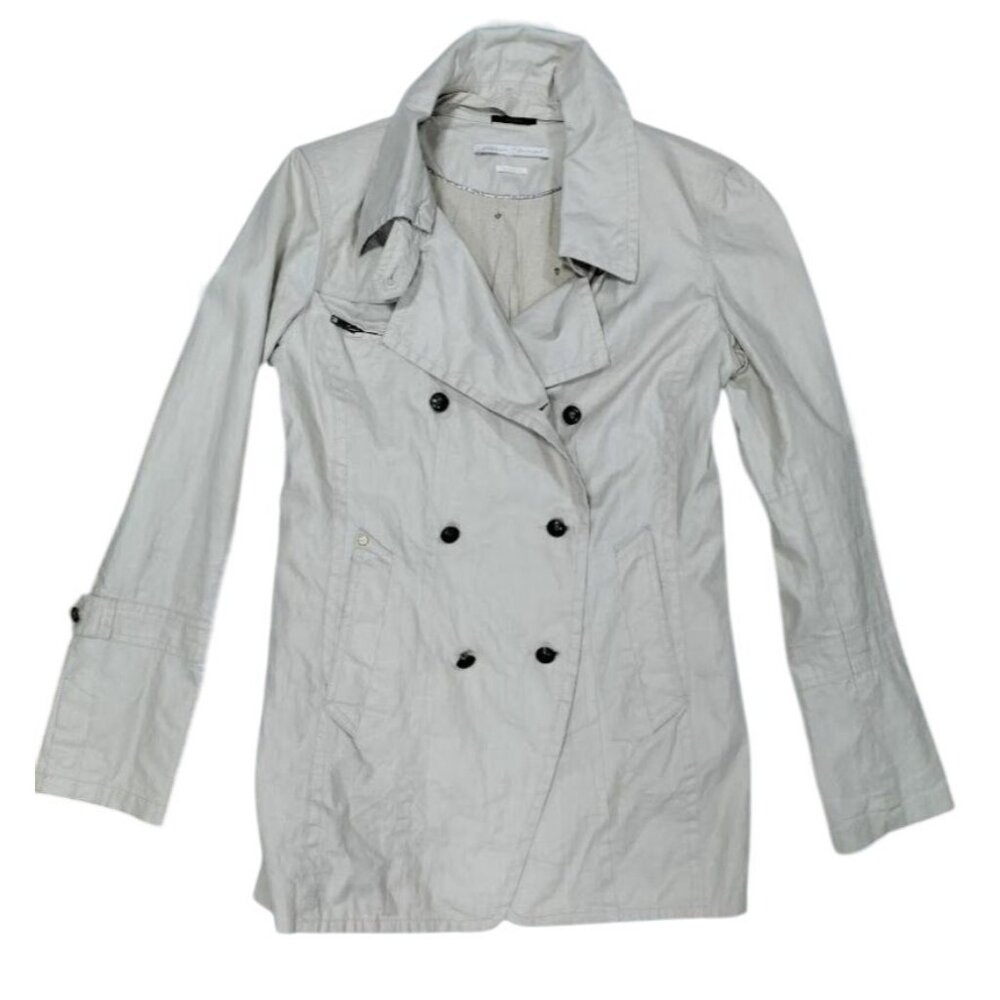 IKKS Women's Beige Laminated Linen Double-Breasted Trench Coat Size Medium